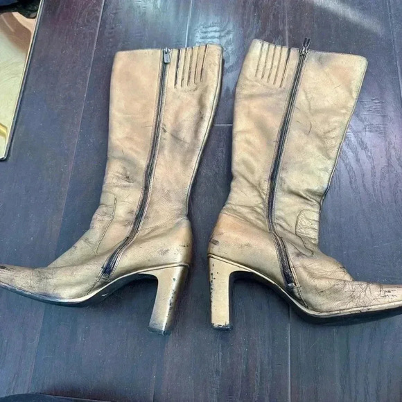 Y2K vintage leather gold and black washed heeled booties 38 - Picture 3 of 8